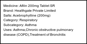 Information about Afilin 200mg Tablet SR (Brand: Healthgate Private Limited) - Uses: Asthma,Chronic obstructive pulmonary disease (COPD),Treatment of Bronchitis