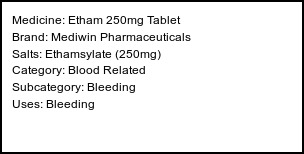 Information about Etham 250mg Tablet (Brand: Mediwin Pharmaceuticals) - Uses: Bleeding
