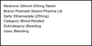 Information about Ethonil 250mg Tablet (Brand: Pramukh Swami Pharma Ltd) - Uses: Bleeding