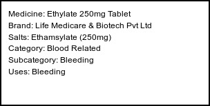 Information about Ethylate 250mg Tablet (Brand: Life Medicare & Biotech Pvt Ltd) - Uses: Bleeding