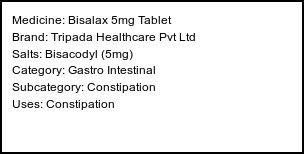 Information about Bisalax 5mg Tablet (Brand: Tripada Healthcare Pvt Ltd) - Uses: Constipation