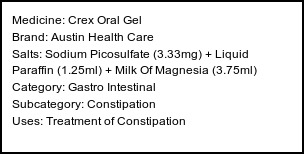Information about Crex Oral Gel (Brand: Austin Health Care) - Uses: Treatment of Constipation