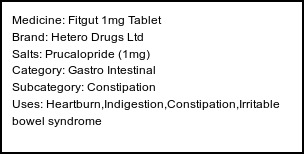 Information about Fitgut 1mg Tablet (Brand: Hetero Drugs Ltd) - Uses: Heartburn,Indigestion,Constipation,Irritable bowel syndrome