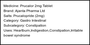 Information about Prucalor 2mg Tablet (Brand: Ajanta Pharma Ltd) - Uses: Heartburn,Indigestion,Constipation,Irritable bowel syndrome