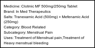 Information about Clotmic MF 500mg/250mg Tablet (Brand: In Med Therapeutics) - Uses: Treatment of Menstrual pain,Treatment of Heavy menstrual bleeding