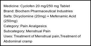 Information about Cyclofen 20 mg/250 mg Tablet (Brand: Biochem Pharmaceutical Industries) - Uses: Treatment of Menstrual pain,Treatment of Abdominal cramp