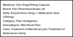 Information about Dim 5mg/250mg Capsule (Brand: Pan Pharmaceuticals Ltd) - Uses: Treatment of Menstrual pain,Treatment of Abdominal cramp