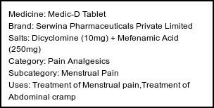 Information about Medic-D Tablet (Brand: Serwina Pharmaceuticals Private Limited) - Uses: Treatment of Menstrual pain,Treatment of Abdominal cramp