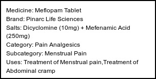 Information about Meflopam Tablet (Brand: Pinarc Life Sciences) - Uses: Treatment of Menstrual pain,Treatment of Abdominal cramp