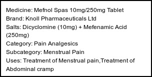 Information about Mefnol Spas 10mg/250mg Tablet (Brand: Knoll Pharmaceuticals Ltd) - Uses: Treatment of Menstrual pain,Treatment of Abdominal cramp