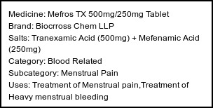 Information about Mefros TX 500mg/250mg Tablet (Brand: Biocrross Chem LLP) - Uses: Treatment of Menstrual pain,Treatment of Heavy menstrual bleeding