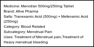 Information about Menotran 500mg/250mg Tablet (Brand: Afive Pharma) - Uses: Treatment of Menstrual pain,Treatment of Heavy menstrual bleeding