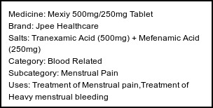Information about Mexiy 500mg/250mg Tablet (Brand: Jpee Healthcare) - Uses: Treatment of Menstrual pain,Treatment of Heavy menstrual bleeding