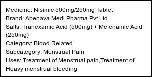 Information about Nisimic 500mg/250mg Tablet (Brand: Abenava Medi Pharma Pvt Ltd) - Uses: Treatment of Menstrual pain,Treatment of Heavy menstrual bleeding