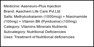 Information about Aasneuro-Plus Injection (Brand: Aaschem Life Care Pvt Ltd) - Uses: Treatment of Nutritional deficiencies