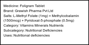Information about Foligram Tablet (Brand: Grawish Pharma Pvt Ltd) - Uses: Nutritional deficiencies