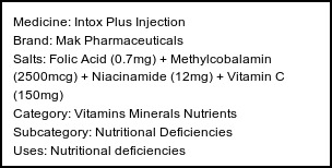 Information about Intox Plus Injection (Brand: Mak Pharmaceuticals) - Uses: Nutritional deficiencies