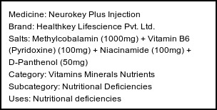 Information about Neurokey Plus Injection (Brand: Healthkey Lifescience Pvt. Ltd.) - Uses: Nutritional deficiencies