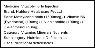 Information about Vitacob-Forte Injection (Brand: Hublore Healthcare Pvt Ltd) - Uses: Nutritional deficiencies