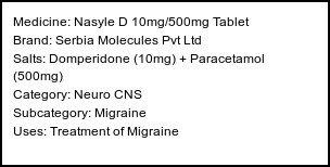 Information about Nasyle D 10mg/500mg Tablet (Brand: Serbia Molecules Pvt Ltd) - Uses: Treatment of Migraine