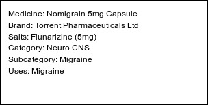Information about Nomigrain 5mg Capsule (Brand: Torrent Pharmaceuticals Ltd) - Uses: Migraine