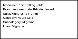 Information about Rizine 10mg Tablet (Brand: Astonea Labs Private Limited) - Uses: Migraine