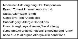 Information about Astelong 5mg Oral Suspension (Brand: Torrent Pharmaceuticals Ltd) - Uses: Allergic eye disease,Nasal allergy symptoms,Allergic conditions,Sneezing and runny nose due to allergies,Allergic skin conditions