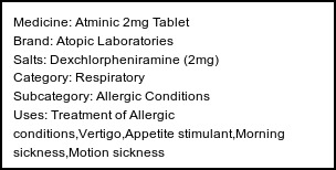 Information about Atminic 2mg Tablet (Brand: Atopic Laboratories) - Uses: Treatment of Allergic conditions,Vertigo,Appetite stimulant,Morning sickness,Motion sickness