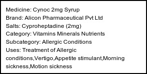 Information about Cynoc 2mg Syrup (Brand: Alicon Pharmaceutical Pvt Ltd) - Uses: Treatment of Allergic conditions,Vertigo,Appetite stimulant,Morning sickness,Motion sickness