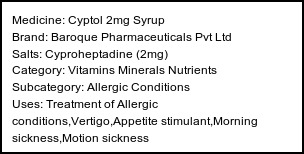 Information about Cyptol 2mg Syrup (Brand: Baroque Pharmaceuticals Pvt Ltd) - Uses: Treatment of Allergic conditions,Vertigo,Appetite stimulant,Morning sickness,Motion sickness