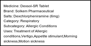 Information about Dexsol-SR Tablet (Brand: Solkem Pharmaceutical) - Uses: Treatment of Allergic conditions,Vertigo,Appetite stimulant,Morning sickness,Motion sickness