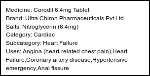 Information about Corodil 6.4mg Tablet (Brand: Ultra Chiron Pharmaceuticals Pvt Ltd) - Uses: Angina (heart-related chest pain),Heart Failure,Coronary artery disease,Hypertensive emergency,Anal fissure