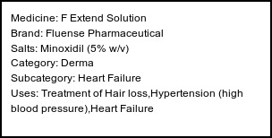 Information about F Extend Solution (Brand: Fluense Pharmaceutical) - Uses: Treatment of Hair loss,Hypertension (high blood pressure),Heart Failure