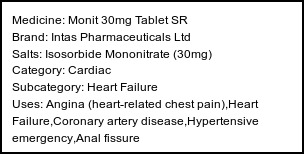 Information about Monit 30mg Tablet SR (Brand: Intas Pharmaceuticals Ltd) - Uses: Angina (heart-related chest pain),Heart Failure,Coronary artery disease,Hypertensive emergency,Anal fissure