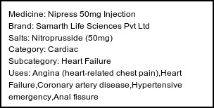Information about Nipress 50mg Injection (Brand: Samarth Life Sciences Pvt Ltd) - Uses: Angina (heart-related chest pain),Heart Failure,Coronary artery disease,Hypertensive emergency,Anal fissure
