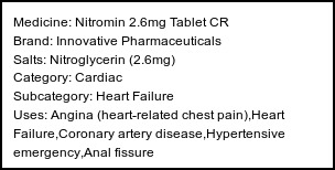 Information about Nitromin 2.6mg Tablet CR (Brand: Innovative Pharmaceuticals) - Uses: Angina (heart-related chest pain),Heart Failure,Coronary artery disease,Hypertensive emergency,Anal fissure