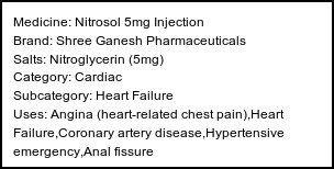 Information about Nitrosol 5mg Injection (Brand: Shree Ganesh Pharmaceuticals) - Uses: Angina (heart-related chest pain),Heart Failure,Coronary artery disease,Hypertensive emergency,Anal fissure