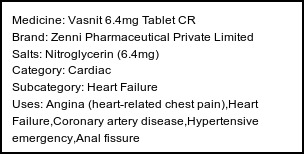 Information about Vasnit 6.4mg Tablet CR (Brand: Zenni Pharmaceutical Private Limited) - Uses: Angina (heart-related chest pain),Heart Failure,Coronary artery disease,Hypertensive emergency,Anal fissure