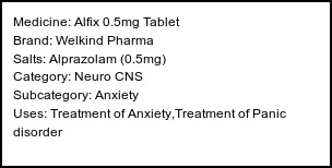 Information about Alfix 0.5mg Tablet (Brand: Welkind Pharma) - Uses: Treatment of Anxiety,Treatment of Panic disorder
