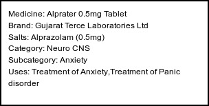 Information about Alprater 0.5mg Tablet (Brand: Gujarat Terce Laboratories Ltd) - Uses: Treatment of Anxiety,Treatment of Panic disorder