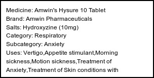 Information about Amwin's Hysure 10 Tablet (Brand: Amwin Pharmaceuticals) - Uses: Vertigo,Appetite stimulant,Morning sickness,Motion sickness,Treatment of Anxiety,Treatment of Skin conditions with inflammation & itching