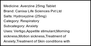 Information about Averzine 25mg Tablet (Brand: Canixa Life Sciences Pvt Ltd) - Uses: Vertigo,Appetite stimulant,Morning sickness,Motion sickness,Treatment of Anxiety,Treatment of Skin conditions with inflammation & itching