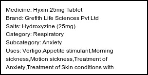Information about Hyxin 25mg Tablet (Brand: Cadila Pharmaceuticals Ltd) - Uses: Vertigo,Appetite stimulant,Morning sickness,Motion sickness,Treatment of Anxiety,Treatment of Skin conditions with inflammation & itching