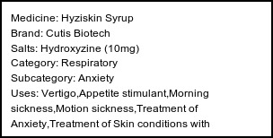 Information about Hyziskin Syrup (Brand: Cutis Biotech) - Uses: Vertigo,Appetite stimulant,Morning sickness,Motion sickness,Treatment of Anxiety,Treatment of Skin conditions with inflammation & itching