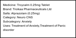 Information about Troycalm 0.25mg Tablet (Brand: Troikaa Pharmaceuticals Ltd) - Uses: Treatment of Anxiety,Treatment of Panic disorder
