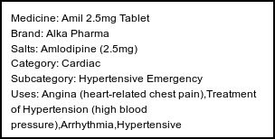 Information about Amil 2.5mg Tablet (Brand: Alka Pharma) - Uses: Angina (heart-related chest pain),Treatment of Hypertension (high blood pressure),Arrhythmia,Hypertensive emergency,Subarachnoid haemorrhage,Anal fissure