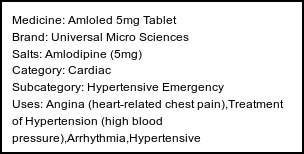 Information about Amloled 5mg Tablet (Brand: Universal Micro Sciences) - Uses: Angina (heart-related chest pain),Treatment of Hypertension (high blood pressure),Arrhythmia,Hypertensive emergency,Subarachnoid haemorrhage,Anal fissure