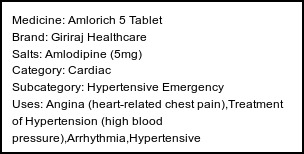 Information about Amlorich 5 Tablet (Brand: Giriraj Healthcare) - Uses: Angina (heart-related chest pain),Treatment of Hypertension (high blood pressure),Arrhythmia,Hypertensive emergency,Subarachnoid haemorrhage,Anal fissure