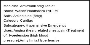 Information about Amlowalk 5mg Tablet (Brand: Walton Healthcare Pvt. Ltd) - Uses: Angina (heart-related chest pain),Treatment of Hypertension (high blood pressure),Arrhythmia,Hypertensive emergency,Subarachnoid haemorrhage,Anal fissure