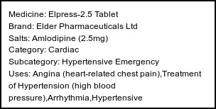 Information about Elpress-2.5 Tablet (Brand: Elder Pharmaceuticals Ltd) - Uses: Angina (heart-related chest pain),Treatment of Hypertension (high blood pressure),Arrhythmia,Hypertensive emergency,Subarachnoid haemorrhage,Anal fissure